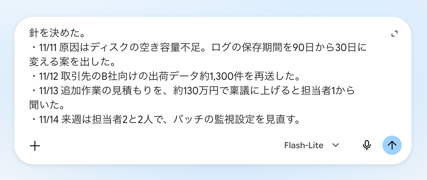 Geminiの入力欄に、週報を頼む文面と匿名化したメモを貼り付けたところ